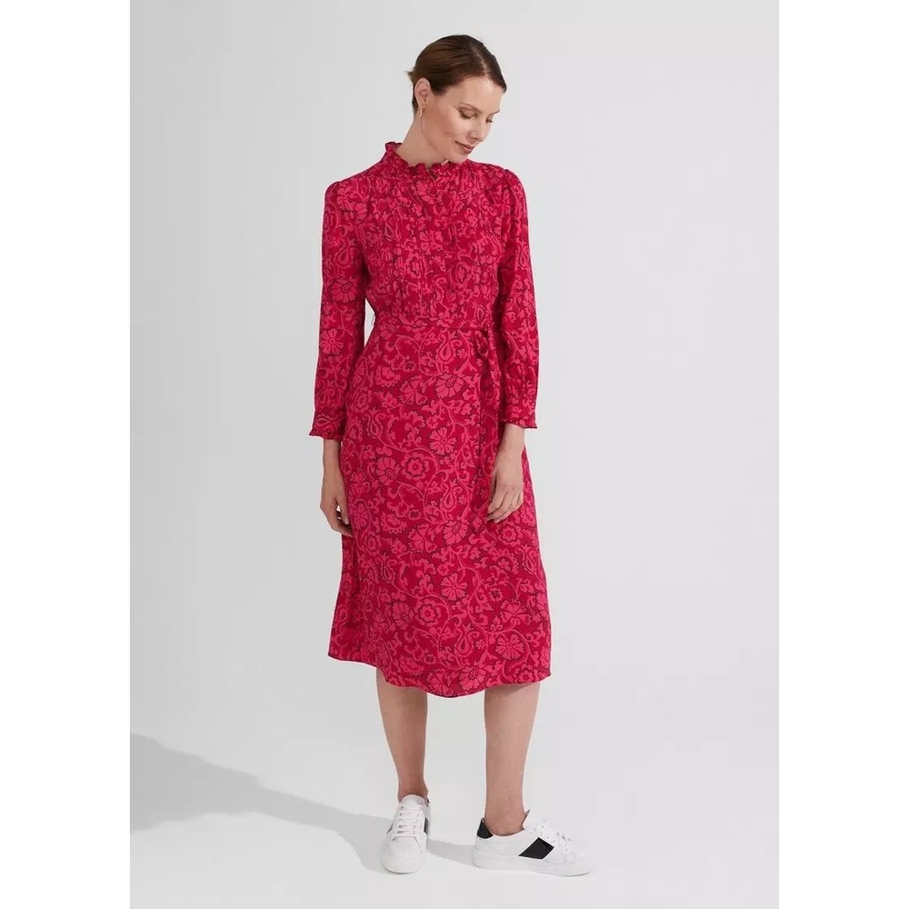 HOBBS London Eleanora Dress Floral P2 Pink Pintuck Ruffle Belted Long Sleeve